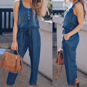Combinaison Jean sans Manches Gilet à Boutons