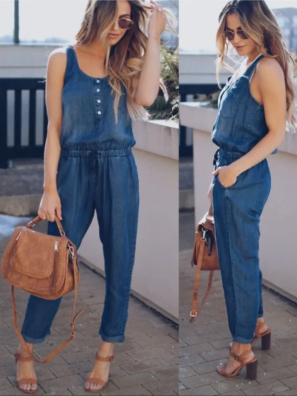 Combinaison Jean sans Manches Gilet à Boutons
